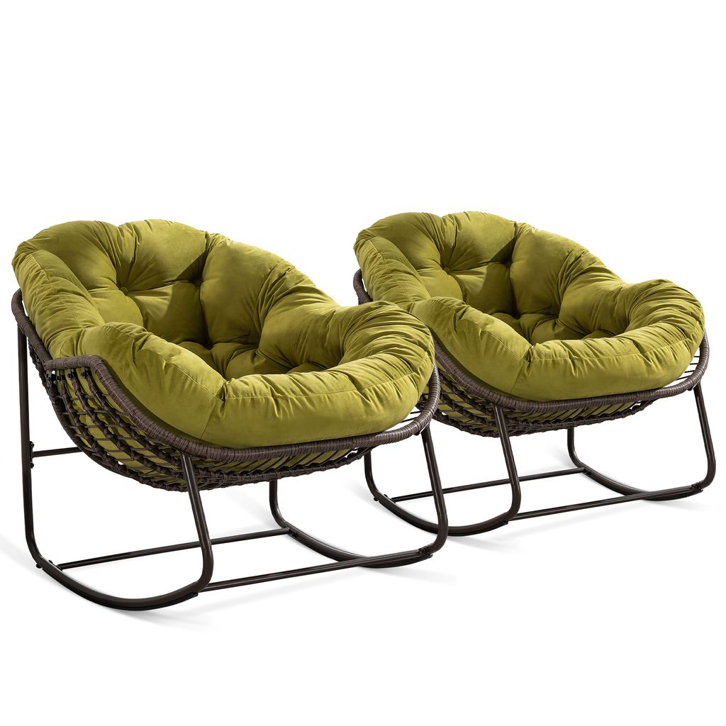 Two green papasan chairs with wicker bases and metal frames on a white background.