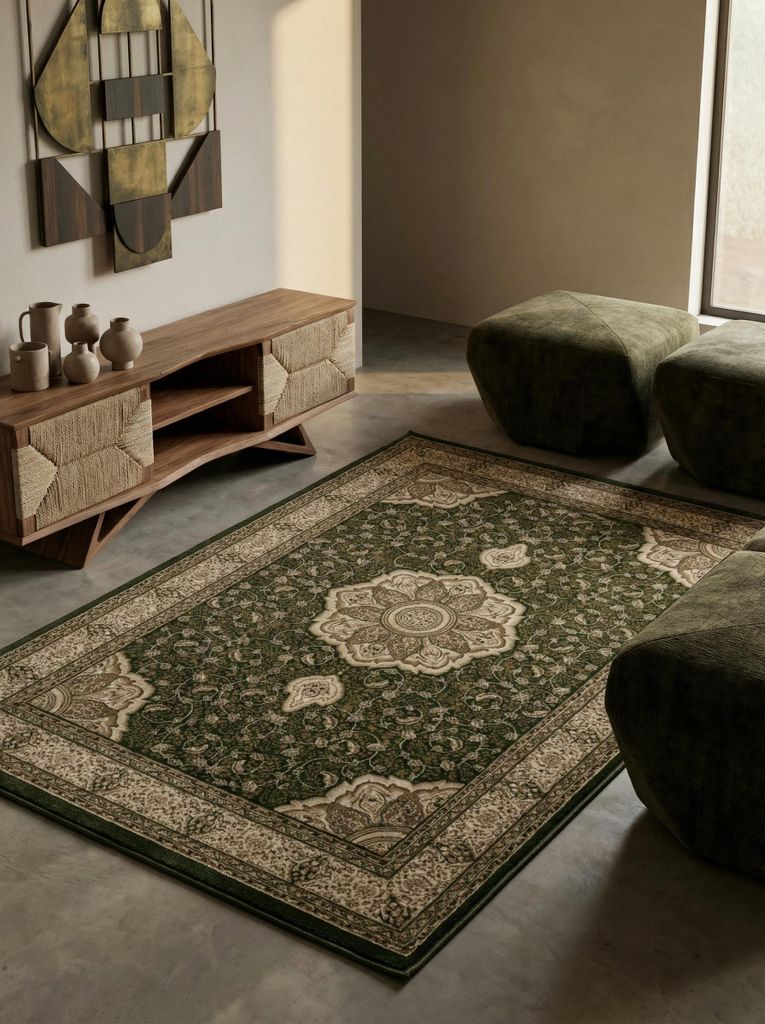 Wohnzimmerteppich Orient-Muster Modern Waschbar Strapazierfähig | Grün 120x170 cm Schlafzimmer Fußbodenheizung geeignet | SELVA – Kadima Design