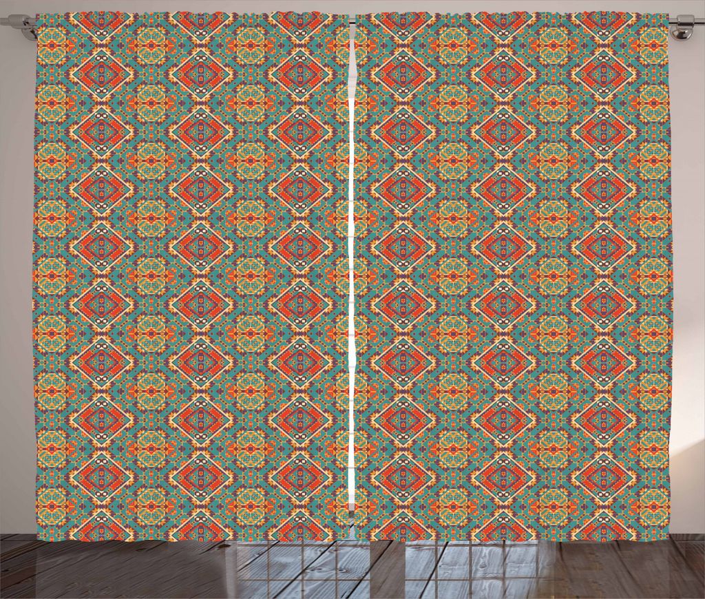 ABAKUHAUS Türkis Rustikaler Vorhang, einheimisch, Wohnzimmer Universalband Gardinen mit Schlaufen und Haken, 280 x 245 cm, Türkis und Orange