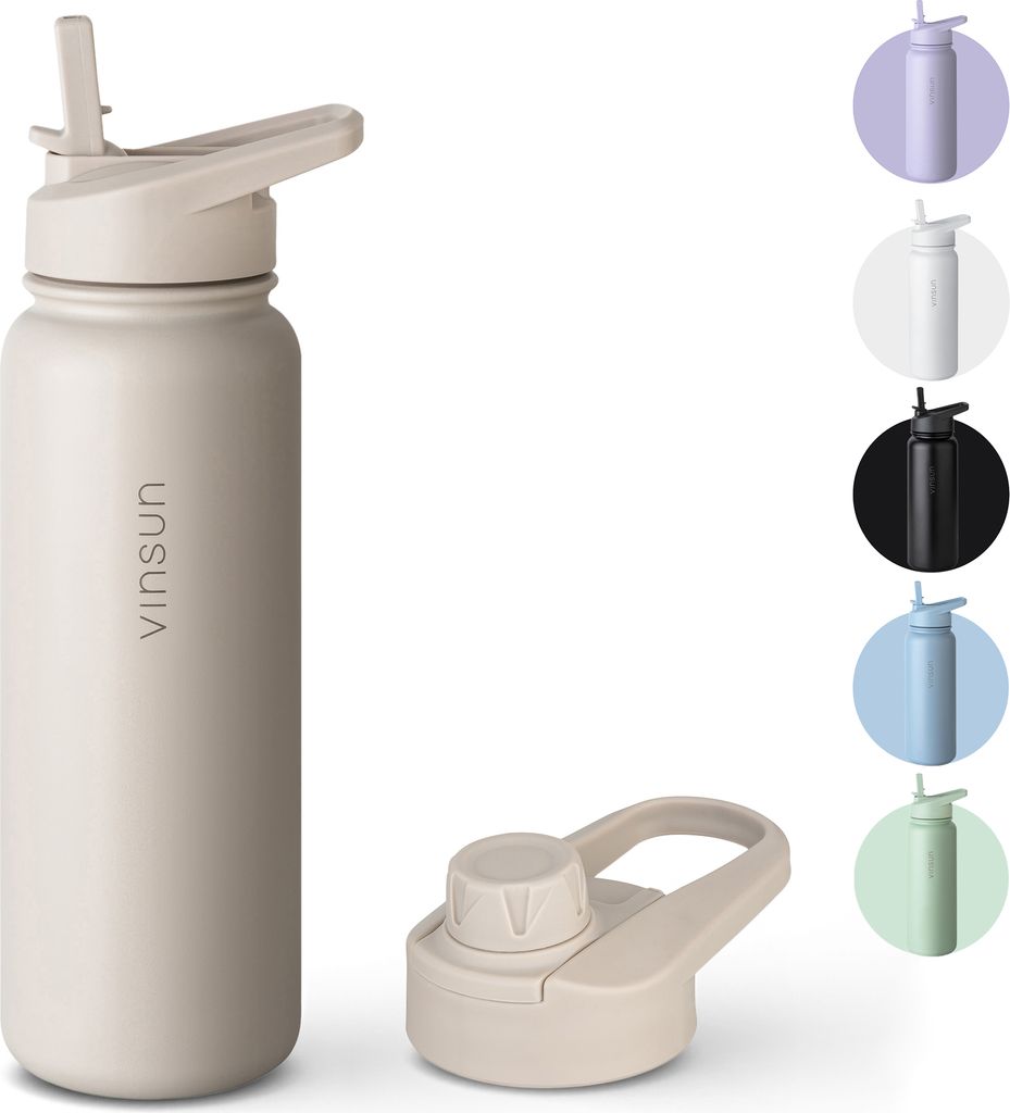 A beige Vinsun water bottle with a straw lid is shown next to a separate beige lid. To the right, there are circular swatches of different colored water bottles.