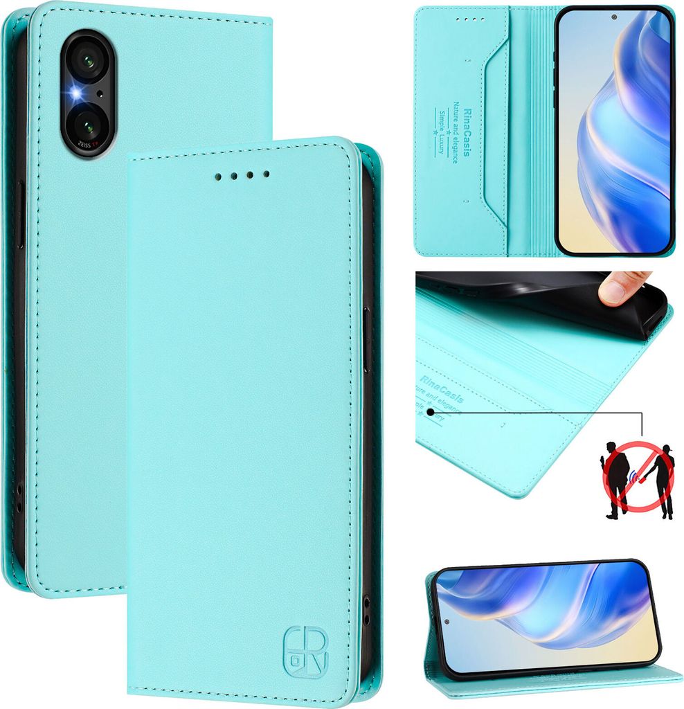 Lederhülle für Sony Xperia 5 V Hülle Flip Brieftasche Kartenfächern Ständer Schutzhülle Türkis