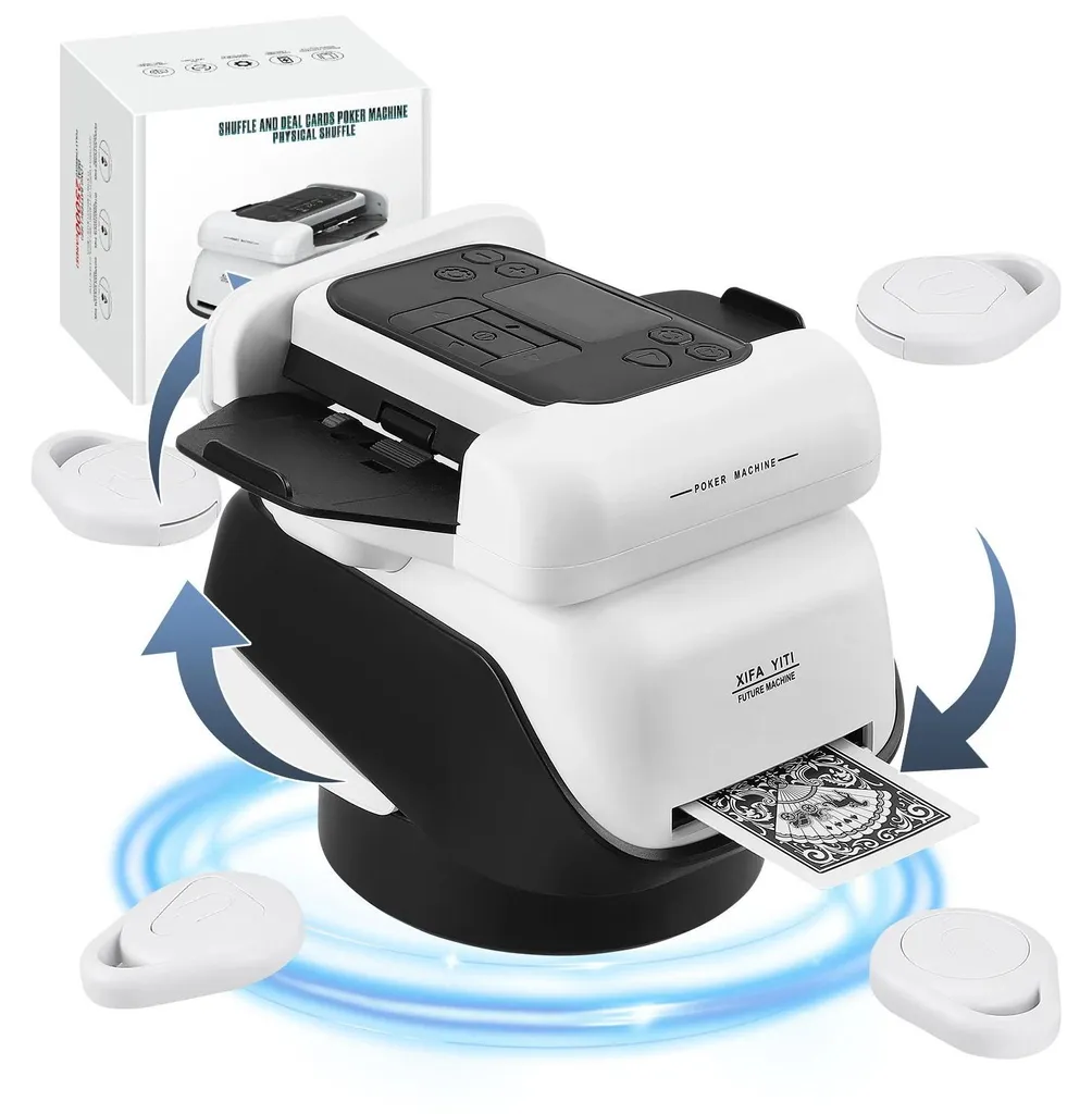 XPAW Mélangeur automatique de cartes et concessionnaire 2 en 1, 2 jeux rotatifs à 360° pour 12 joueurs, 4 télécommandes de dessin, mélangeur de cartes à jouer rechargeable pour UNO, Poker, phase 10