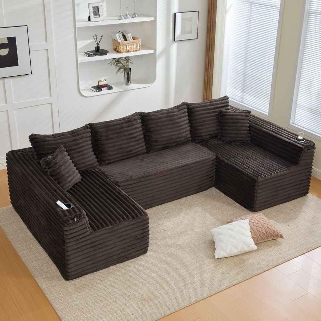 AIORBER U-förmiges Cord-Sofa 6-Sitzer mit Getränkehaltern, Seitentaschen, Federkernpolsterung und Kissen, Braun