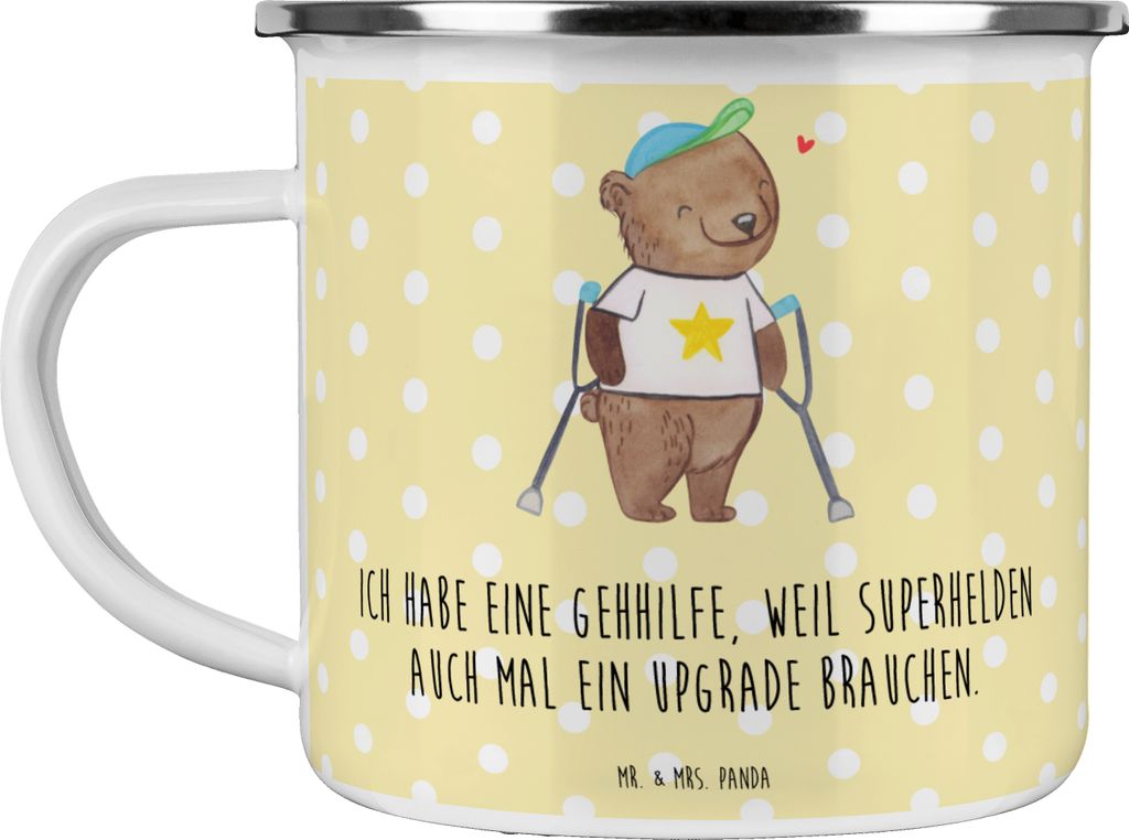 Mr. & Mrs. Panda Teetasse Bär Gehhilfen - Gelb Pastell - Geschenk, Emaille Becher, Teebecher, Gehhilfe, Kaffeepott, Tasse, Krücken