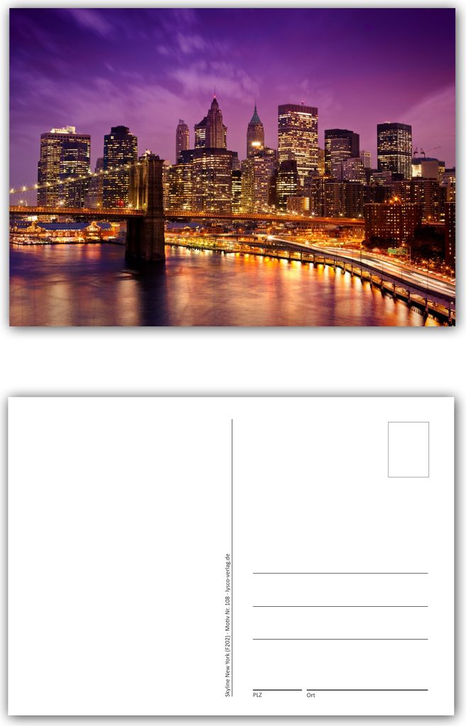 12 Stück Postkarten New York City Skyline im Sonnenuntergang mit der Brooklyn Bridge über den East River im Vordergrund Format: DIN A6 / 105 x 14...