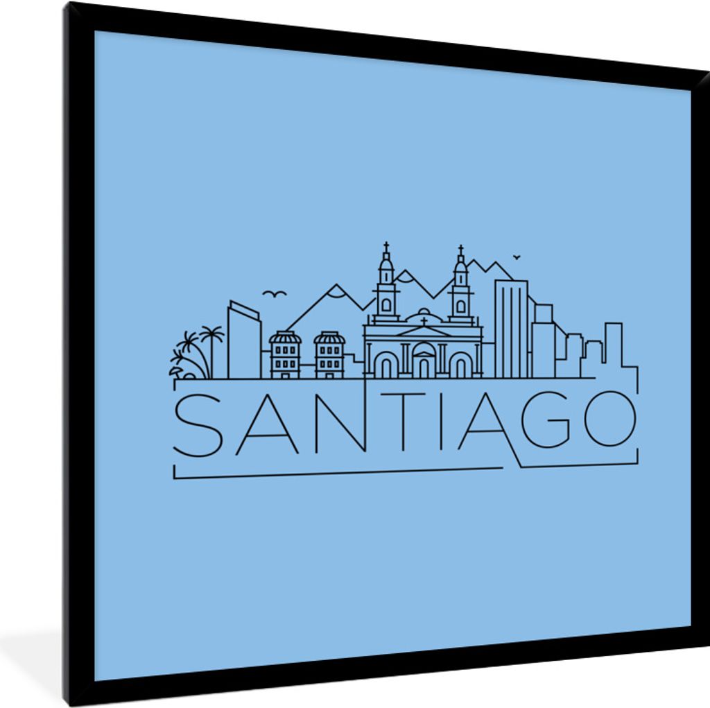MuchoWow MuchoWow Gerahmtes Poster Skyline "Santiago" schwarz auf blau 40x40 cm - Poster mit zchwarzem Bilderrahmen - Mit Rahmen - Wanddekorati...