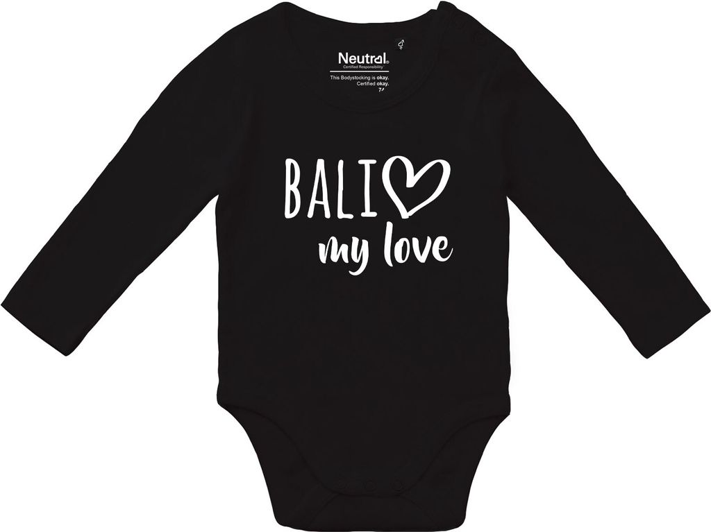 Huuraa Baby Body Bali my love 68 Black Baumwolle Fairtrade Langarmbody Geschenkidee