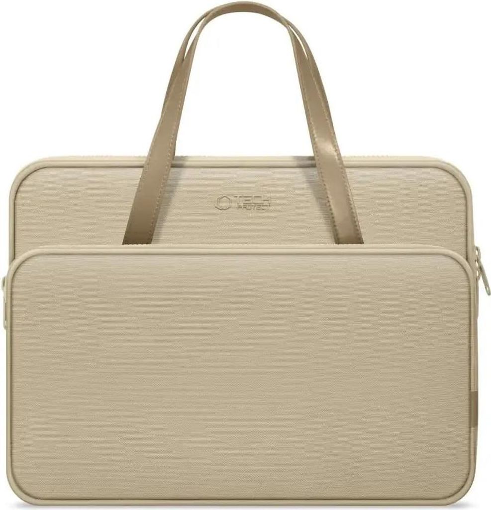 A beige laptop bag with handles is shown against a white background.