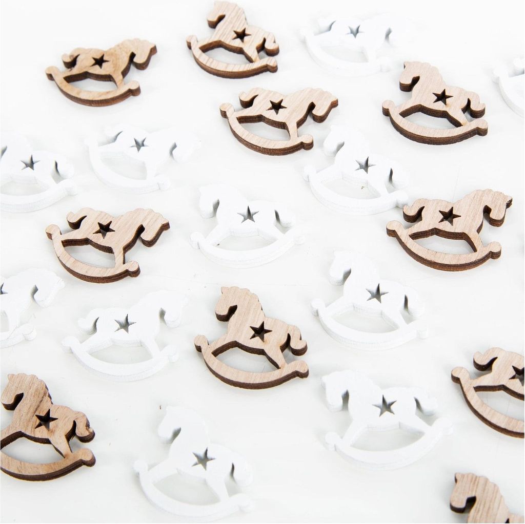 24 kleine Schaukelpferde Weihnachten weiß braun 4cm Streudeko