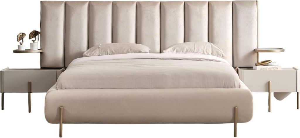 Polsterbett Vega Holzwerkstoff Stoffbezug Beige Creme, Liegefläche:180x200