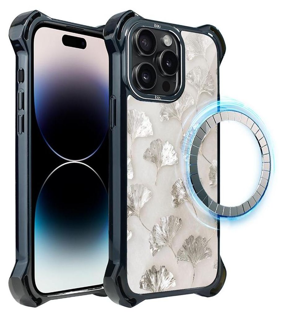 Schutzhülle für das iPhone 14 Pro Max, MagSafe-kompatibel, verstärkte Ecken, schwarz, weißer Marmor, silberne Blätter