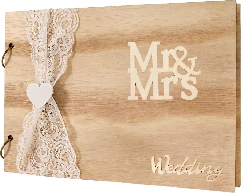 Intirilife Gästebuch Hochzeit Mr & Mrs Vintage DIY Hochzeitsbuch aus Holz - 26.1 x 18.9 x 0.9 cm - Kreatives Hochzeitsalbum Geschenk für den Hoch...