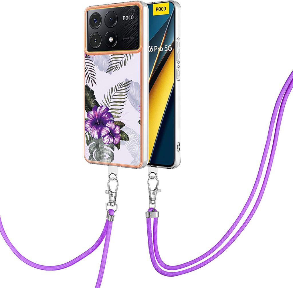 Handykette Hülle für Xiaomi Poco X6 Pro/Redmi K70E Muster TPU Schutzhülle mit verstellbarem Tragegurt Lila