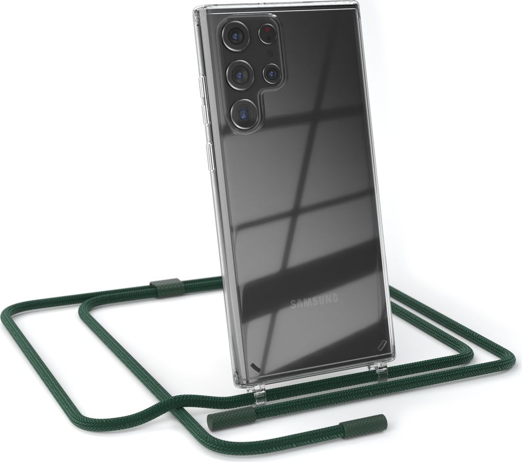 EAZY CASE Handykette für Samsung Galaxy S22 Ultra 5G, Clear Case aus Silikon, mit Umhängeband, abnehmbare Endstücke, Handyband in Grün