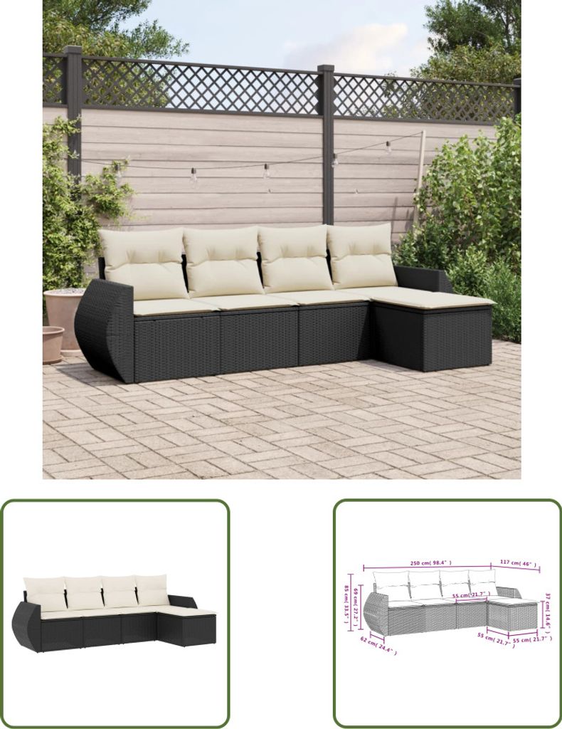 The Living Store 5-tlg. Garten-Sofagarnitur mit Kissen Schwarz Poly Rattan