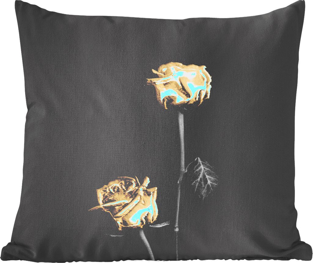 MuchoWow Zierkissen Sofakissen Wohnzimmer Dekokissen 45x45 cm Rosen - Blumen - Schwarz - Weiß - Gold - Schlafpolster - Polster für das Sofa