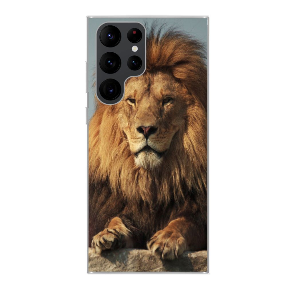 MuchoWow Handyhülle Schutzhülle Hülle für Samsung Galaxy S22 Ultra Löwe - Felsen - Porträt Silikon Softcase Handy Hülle - Abbildung