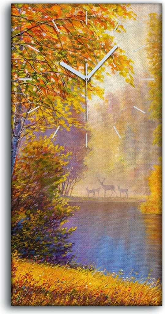 Wandbild Leinwand Bilder mit Uhr Geräuschlos 30x60 Gemälde Birke Herbst - weiße Hände