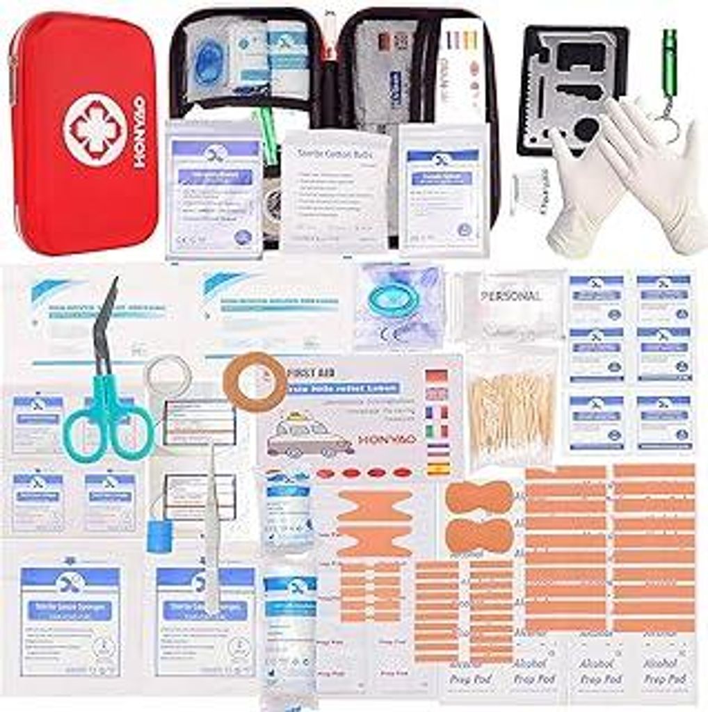 HONYAO Erste Hilfe Set, 200-Teiliges Medizinisch Überlebens Kompakt Kit Kasten mit Leicht Harte Box für Auto Motorrad Zuhause Arbeitsplatz Drauss...