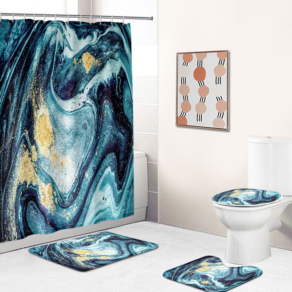 4 Stück Polyester Wasserdicht Anti-schimmel Duschvorhang Set, Digitaldruck Waschbar Duschvorhang und Toilettenvorleger Set für Badezimmer, Stil 1