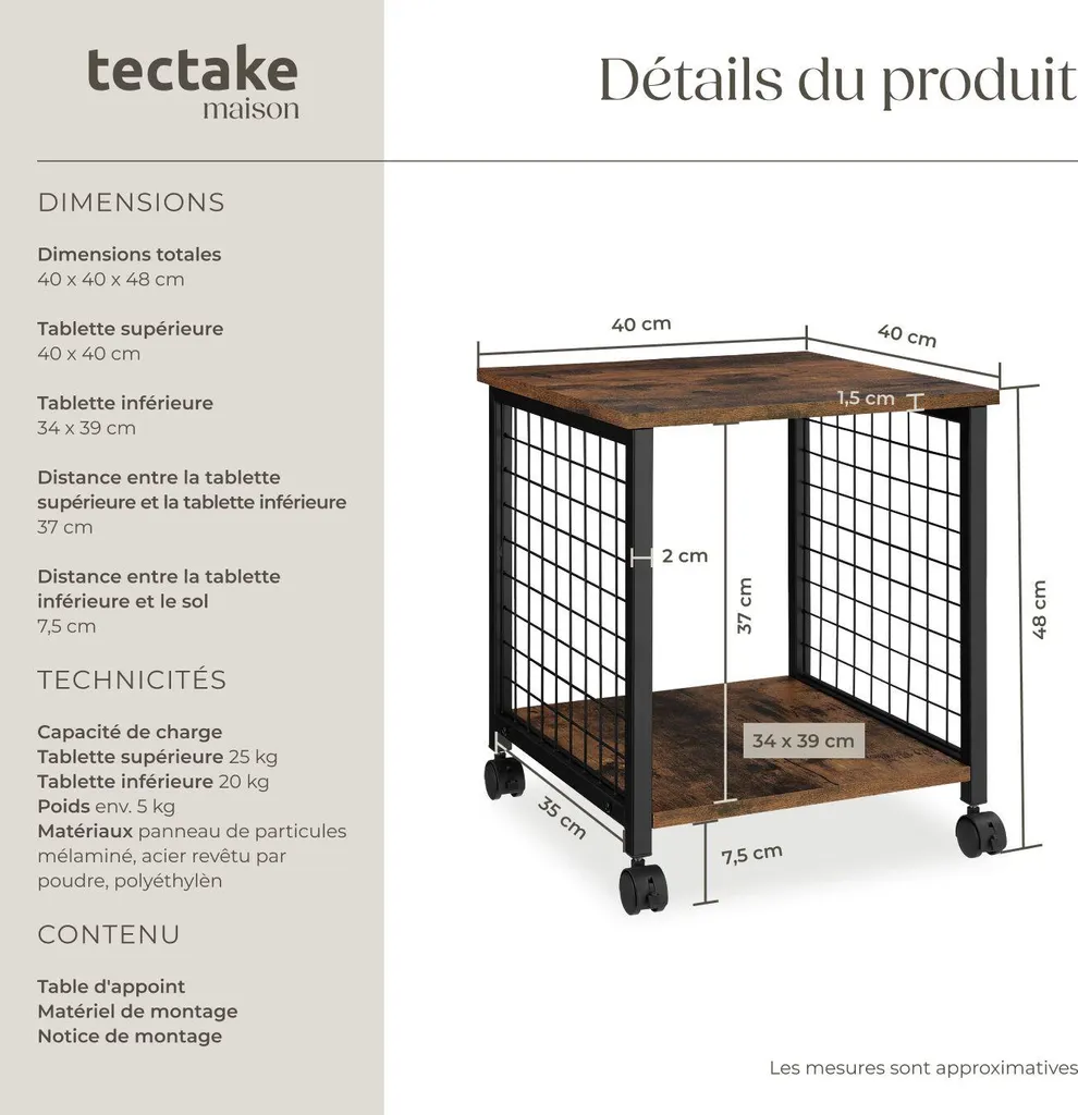 Bout de canapé industriel Gary 40cm, petite table basse bois rustique - 6