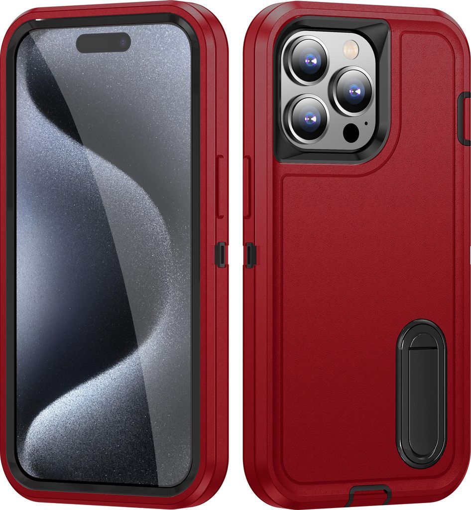 Hülle für iPhone 15 Pro Max Hybrid Dreilagige Robust Stoßfest Schwerlast Schutzhülle mit Ständer Rot