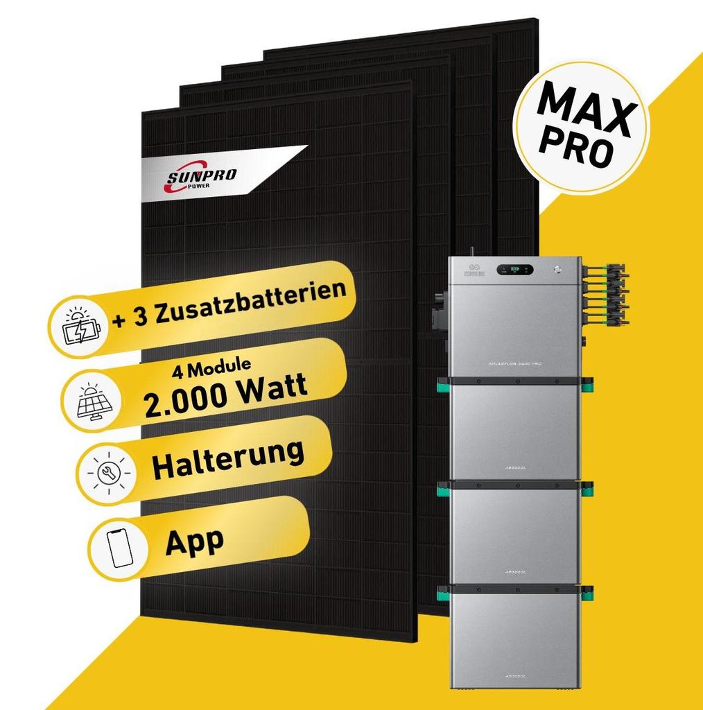 Balkonstrom Balkonkraftwerk 2000W Solaranlage mit Speicher | 3xZusatzspeicher | Blechdachhalterung | 2xSolarmodul | Zendure SolarFlow 2400 Pro