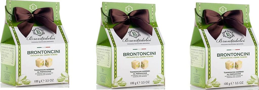 3x Brontedolci Brontoncini Torroncini Morbidi al Pistacchio Weicher Nougat mit Pistazie mit Weißer Schokolade überzogen 100g