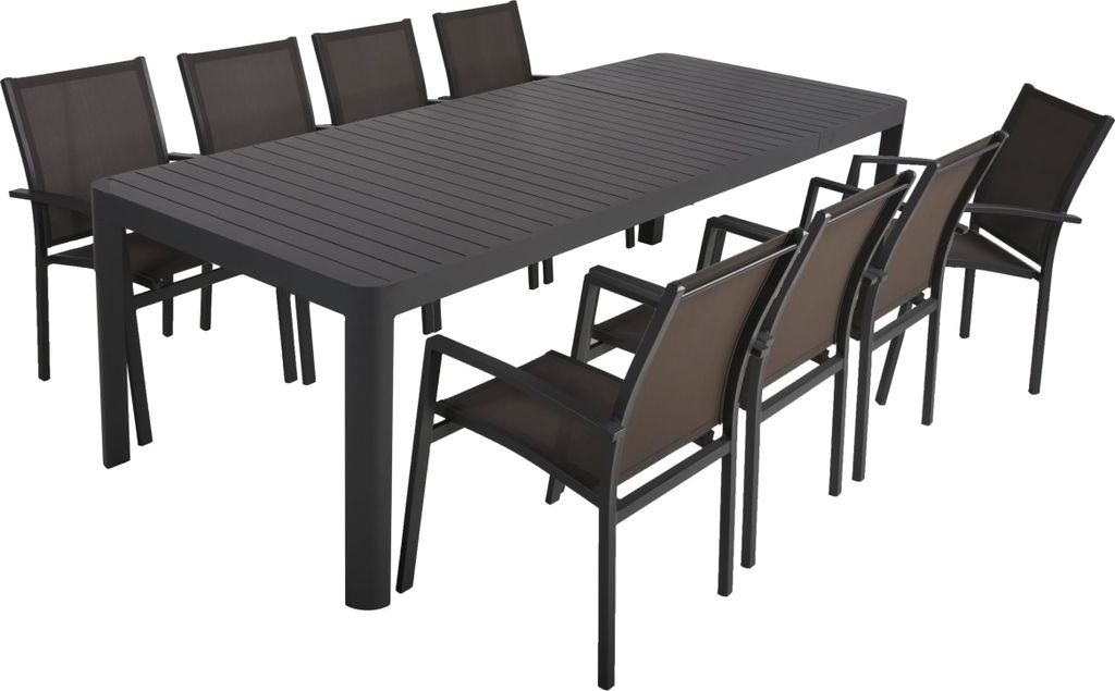 Garten-Sitzgruppe ELINA 9-tlg. - Kunststoff, Dunkelgrau | Gartenmöbel-Set Gartengarnitur Garten-Essgruppe mit Stühlen und Esstisch
