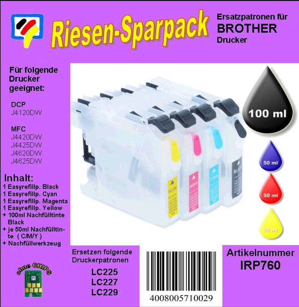 CISS / Easyrefill Komplettset für LC-225 & LC-227 mit Autoresettchips - Die Dr. Inkjet ALLES DRIN Packung - Auspacken - auffüllen und losdrucken