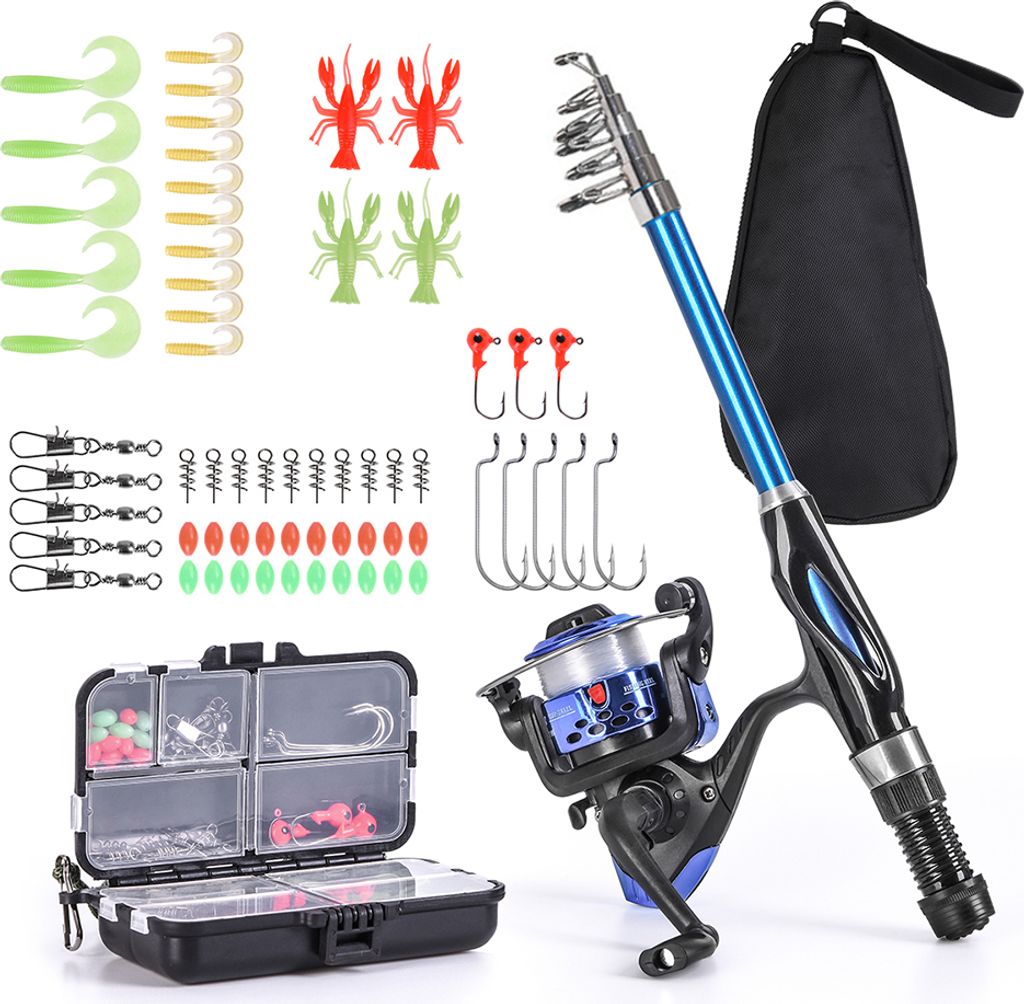 Blusea Angelrute Rolle Combo Full Kit 1,5 m Teleskop Angelrute Spinnrolle Set mit Haken Soft Lures Barrel Swivels Aufbewahrungstasche