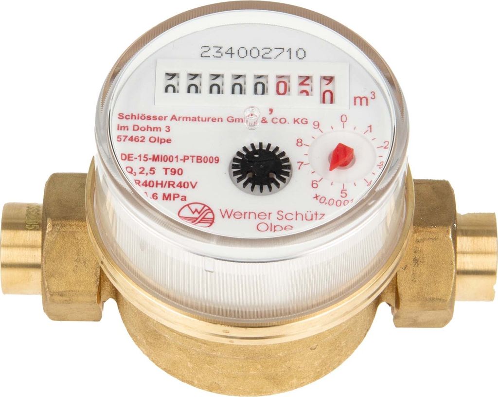 Einstrahlzähler ETK Kombi-Set (Warmwasser) bis 90 Grad Länge 80 mm, inkl. Verschraubungen mit 15 mm Lötmuffe