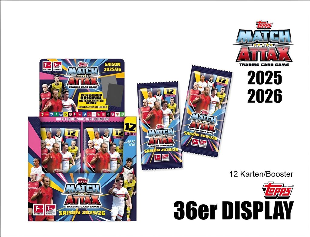 A marketing image showcasing Topps Match Attax trading card game products, including booster packs and a display box, for the 2025/2026 season.