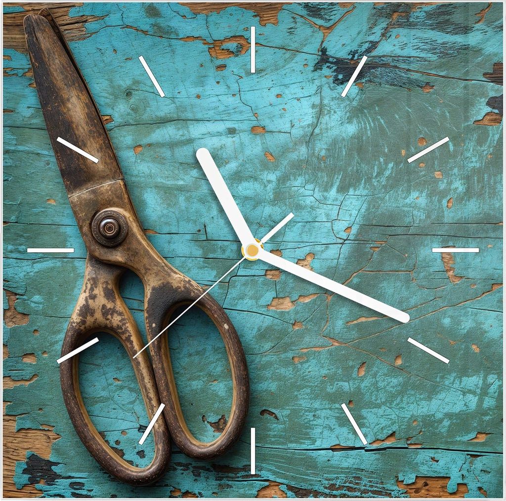 Wanduhr aus Glas mit Motiv Alte Schereauf Holz- 30 x 30 cm - inkl. Aufhängesystem