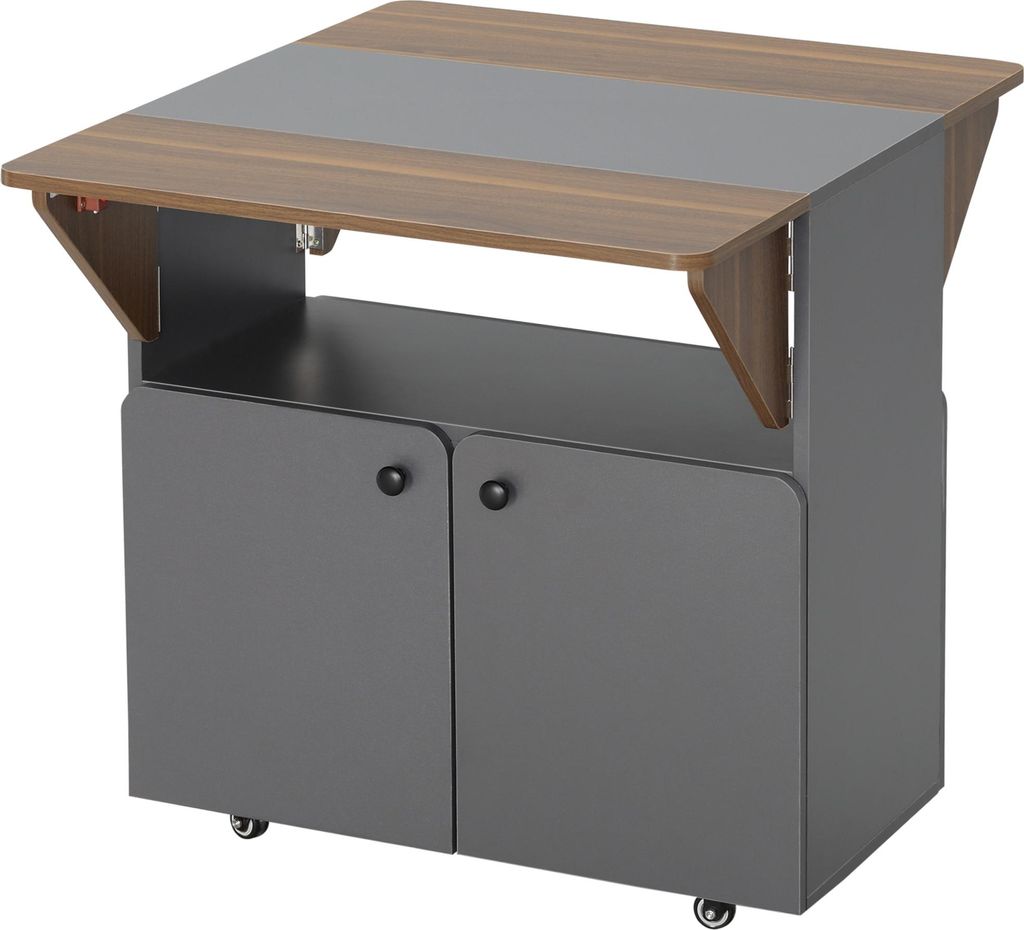 Klapptisch Rollschrank, zwei klappbare Tischseiten, Schrankfach, 4 Rollen, Hellgrau+Dunkelbraun, 70 x 83 x 75cm