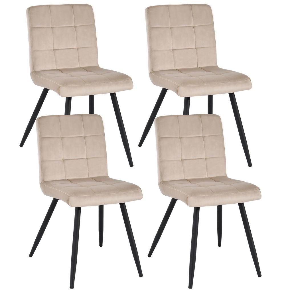 Four beige upholstered dining chairs with black metal legs are arranged in a grid formation against a white background.