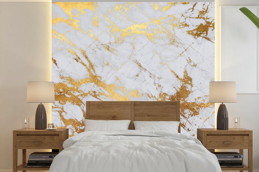 MuchoWow Fototapete für Wohnzimmer oder Schlafzimmer Wandtapete Vinyl Motivtapete Marmor - Gold - Weiß - 260x260 cm - Papiertapeten