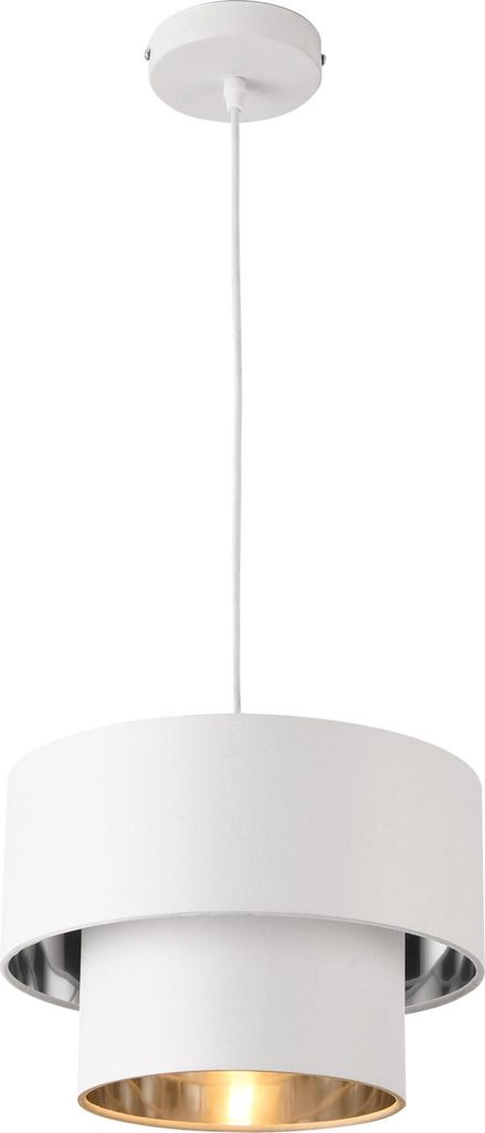 A white pendant light with a silver inner shade and gold interior.