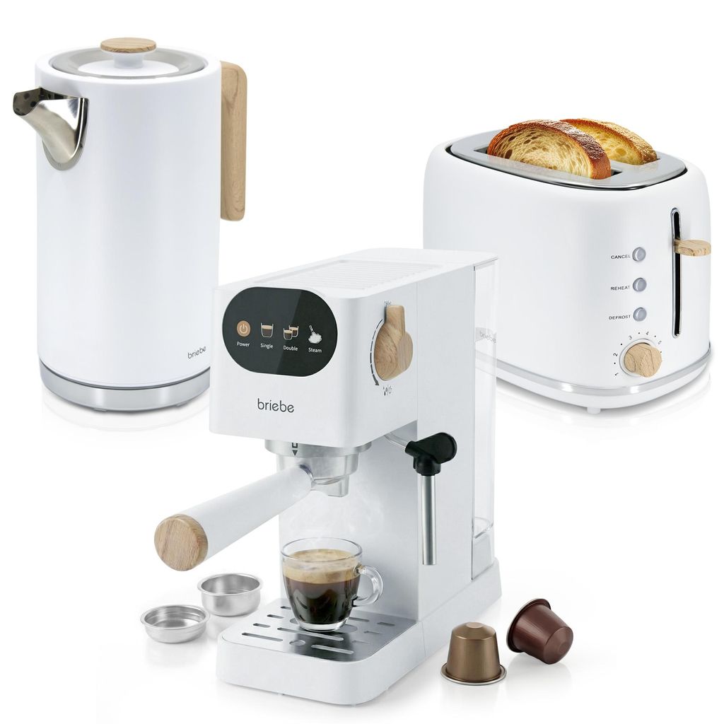 Briebe SKT1209WHT Nordic Set Espressomaschine 20 Bar, Toaster für 2 Scheiben, Wasserkocher 1,7 L Weiß