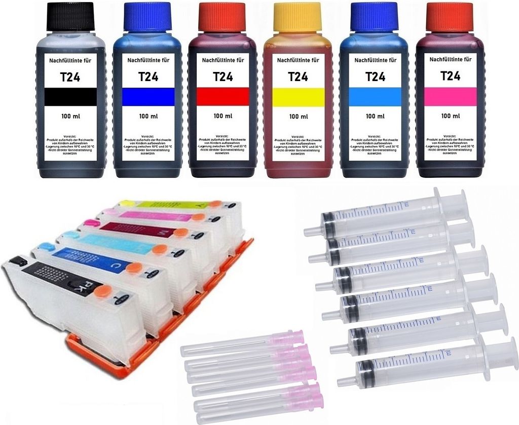 Nachfüllbare Tintenpatronen kompatibel mit Epson T2431 T2432 T2433 T2434 T2435 T2436 T24 XL + 6 x 100 ml Tinte für XP-55 750 760 850 860 950 960 970