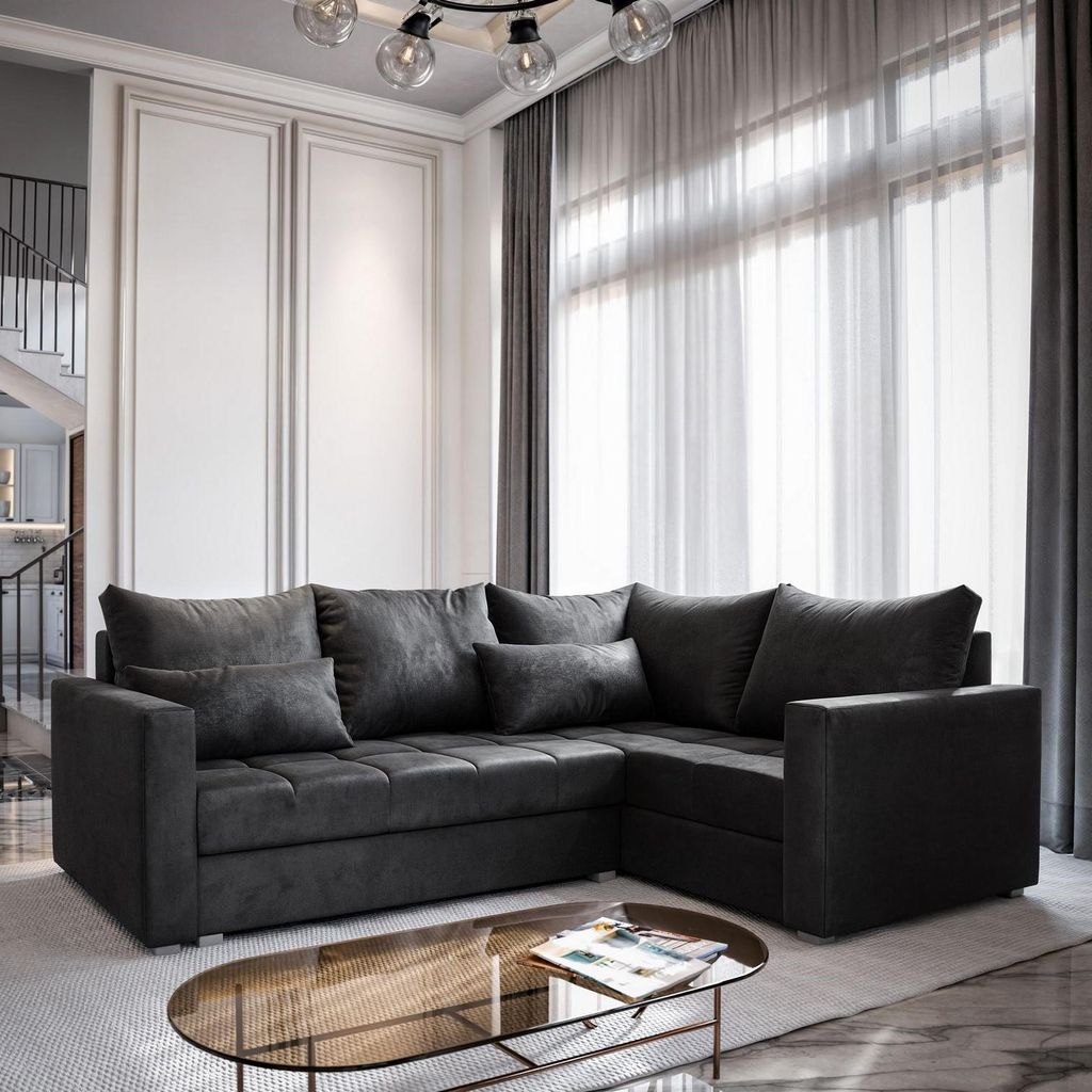 Masseno Ecksofa LIRENO R-S mit Schlaffunktion L-Form, Sofa mit Bettkasten, Wohnzimmersofa, Couch, Soffa, Bettsofa, Couchgarnitur- Schwarz, KRONOS 07