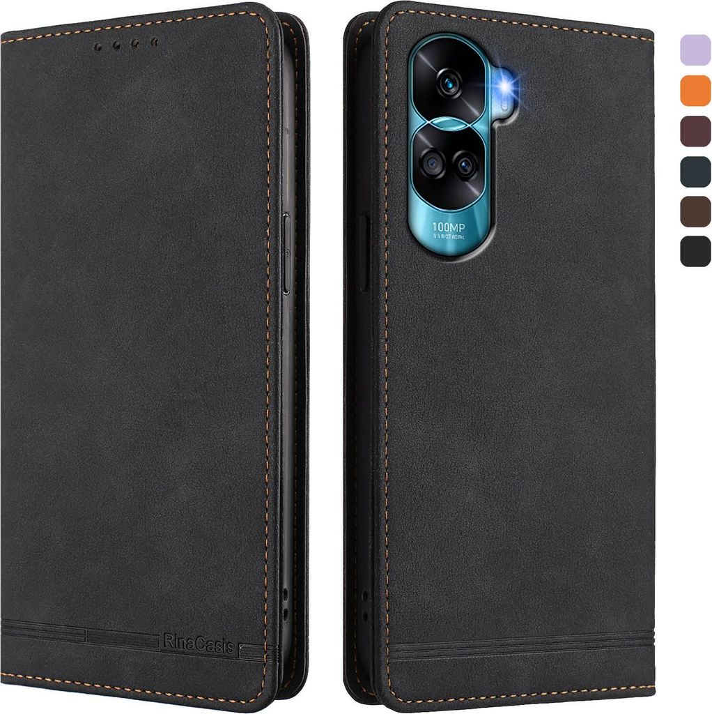 Hülle für Honor 90 Lite, Retro Kunstleder Ständer Klapphülle mit Kartenfächer und Magnetische Schwarz