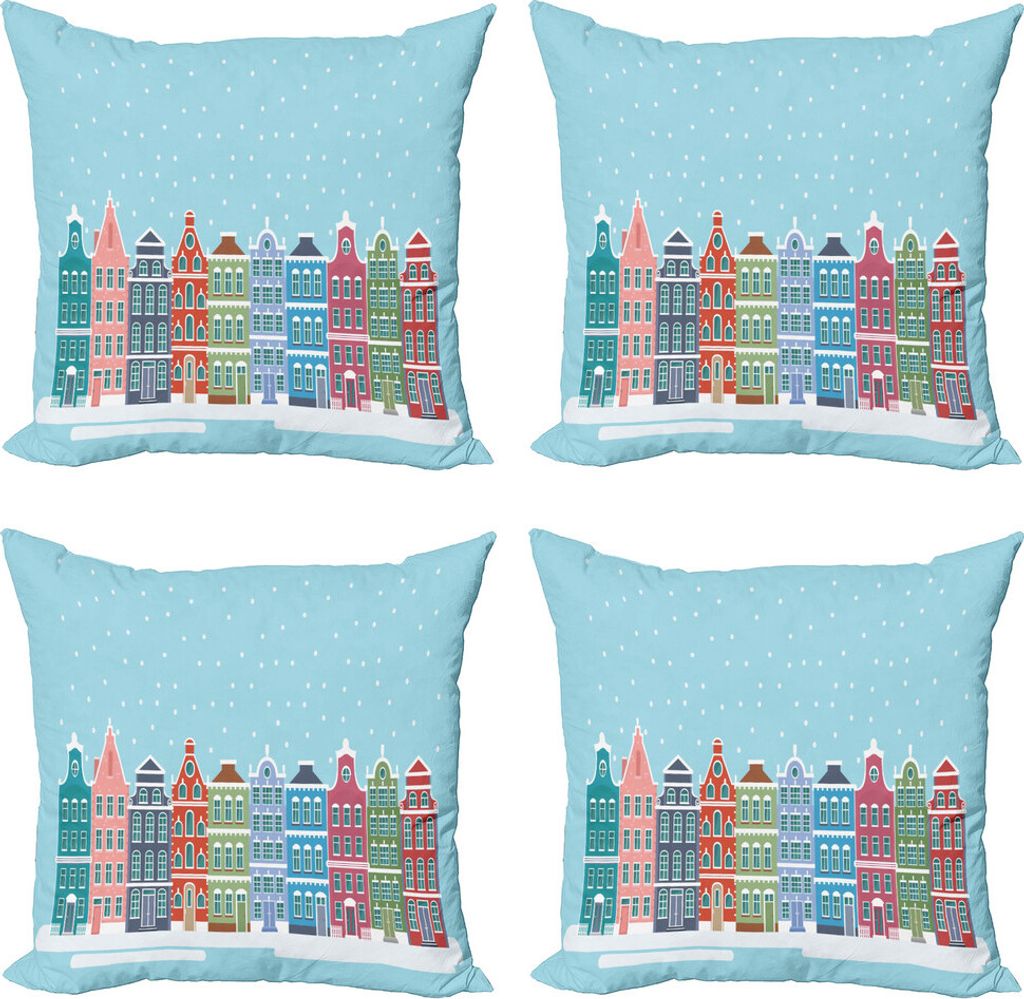 ABAKUHAUS Amsterdam Kissenbezug Set (4 Stück), Snowy Stadt in Holland, Moderner Doppelseitiger Digitaldruck, 50 cm x 50 cm, Hellblau und Multicolor