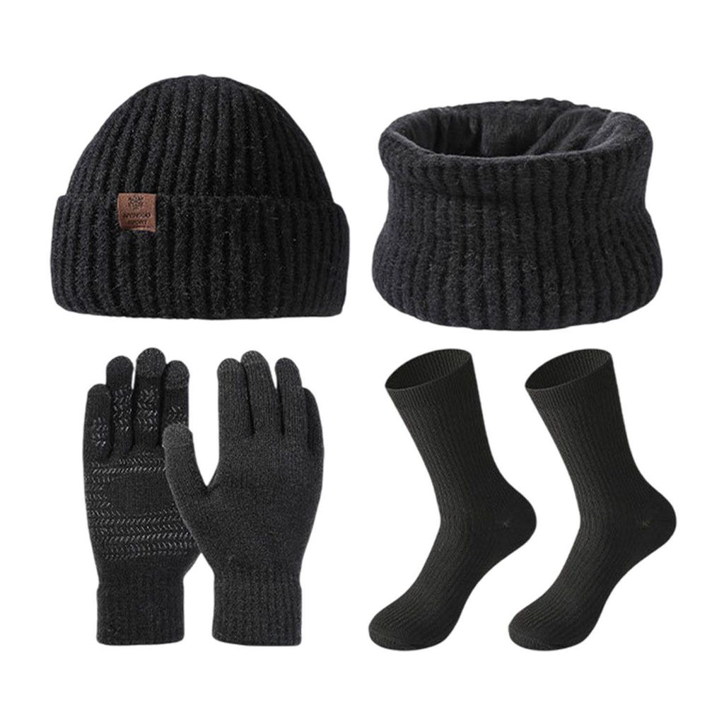 4 in 1 Winter Thermo Mütze Schal Handschuhe und Socken Set für Herren Damen, Schwarz