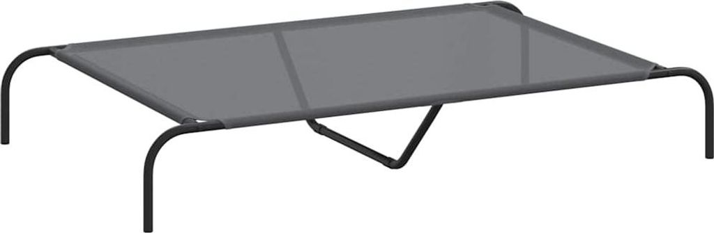 A gray elevated dog bed with a black metal frame, shown from a side angle against a white background.