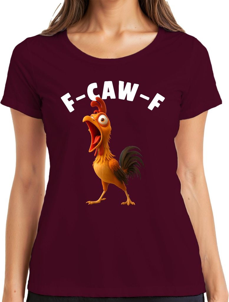F-CAW-F lustiges Huhn Cartoon Hahn Bauernhof Geschenk Humor witz Damen T-Shirt, Burgundy, XXL