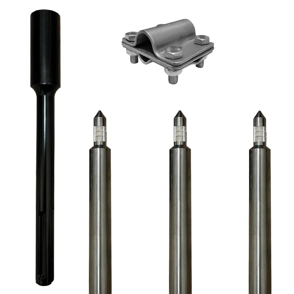 A set of grounding rods, a clamp, and a hammer head are arranged on a white background.