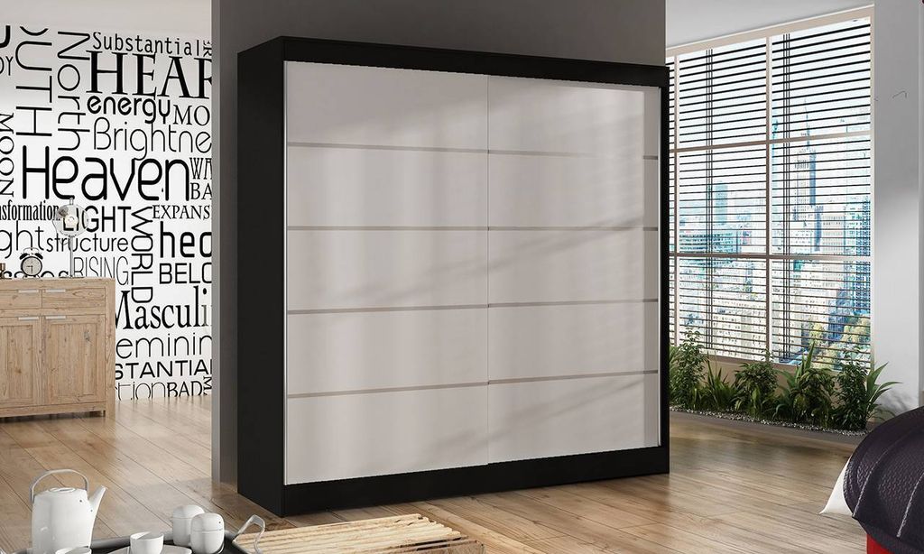 Schwebetürenschrank 2-türig Schrank 200 cm mit Regalen Moderne Kleiderschrank mit Spiegel Garderobe für Kleidung Modell BALI IV SCHWARZ / WEISS