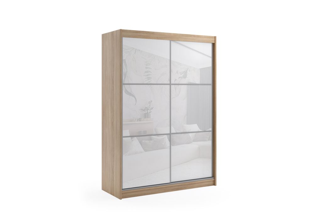 ALTDECOR Kleiderschrank mit Lacobel-Schiebetüren, kugelgelagerte Führungsschienen und Aluminium-Leisten - VIVONA - 150 cm - Hellbraun/Weiß