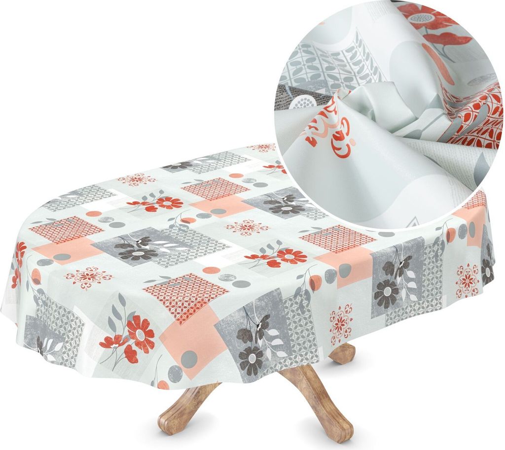 Tischdecke Wachstuch PVC Frei Ornamente Grau Robust Wasserabweisend Oval Breite 140 cm Länge 280 cm